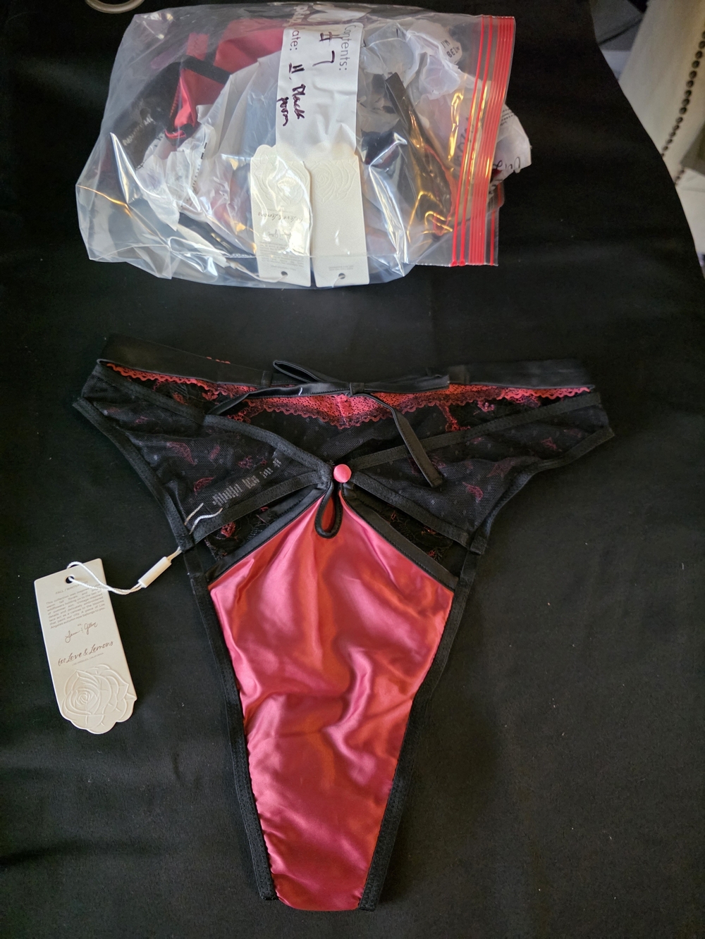 For Love And Lemons Women's Satin & Lace Thong Panty - Black and Red